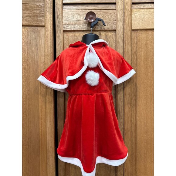 Santa Inspired Christmas Dress W/ White Trim & Pom-Pom Hood For Toddler 2 Piece - Picture 1 of 9